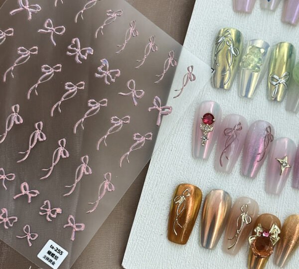 Laser Pink, Bronzing Gold, Silver 3D Bow Pattern Self Adhesive Stickers