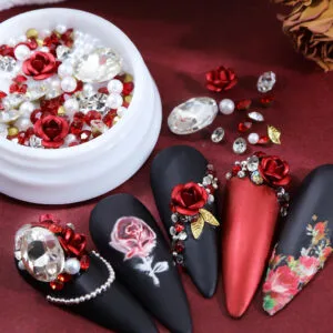 Red Aluminum Rose Charms Parts Crystal Stone Pearls Rhinestone Valentine Decoration