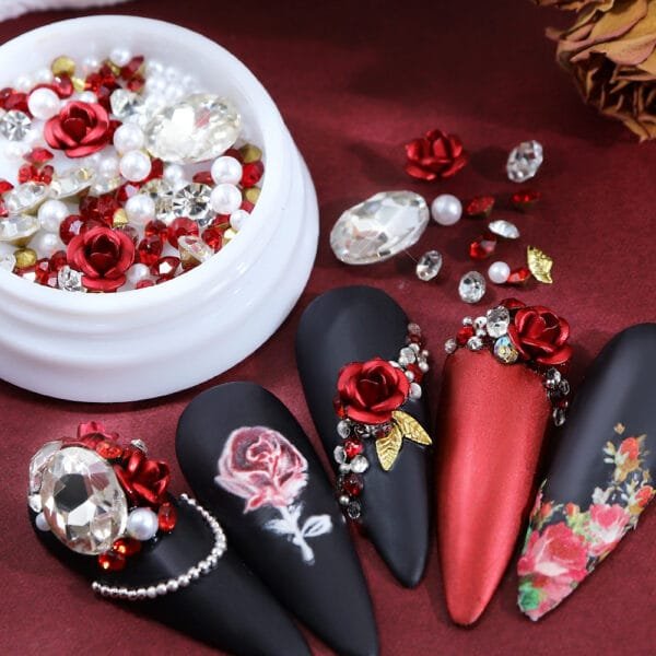Red Aluminum Rose Charms Parts Crystal Stone Pearls Rhinestone Valentine Decoration
