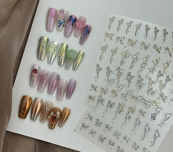 Laser Pink, Bronzing Gold, Silver 3D Bow Pattern Self Adhesive Stickers - Image 2