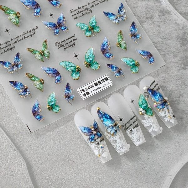 5D Engraved Green Blue Butterfly Nail Art Sticker