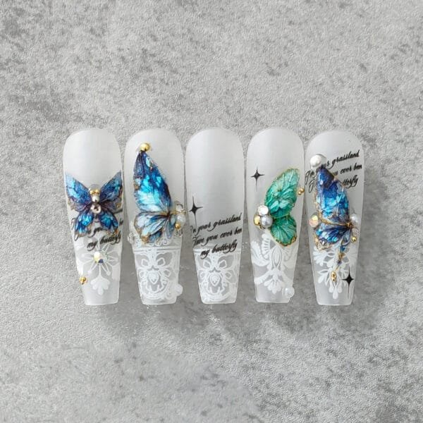 5D Engraved Green Blue Butterfly Nail Art Sticker - Image 3