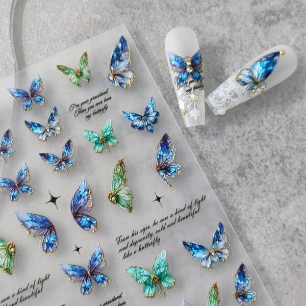 5D Engraved Green Blue Butterfly Nail Art Sticker - Image 4